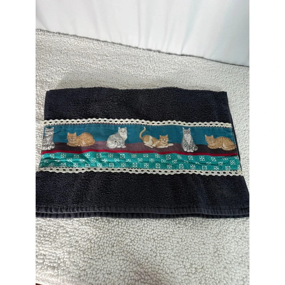 Stevens Dark Blue Hand Towel with Adorable Cat Print Trim Lace Accent‎